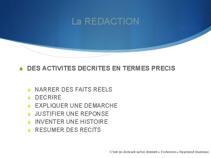 La REDACTION S DES ACTIVITES DECRITES EN TERMES PRECIS S S S NARRER DES