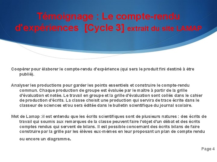 Témoignage : Le compte-rendu d'expériences [Cycle 3] extrait du site LAMAP Coopérer pour élaborer