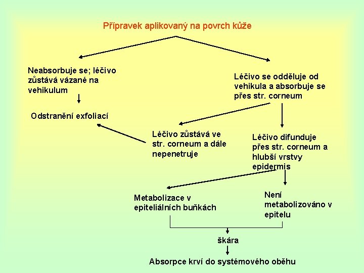 Přípravek aplikovaný na povrch kůže Neabsorbuje se; léčivo zůstává vázané na vehikulum Léčivo se