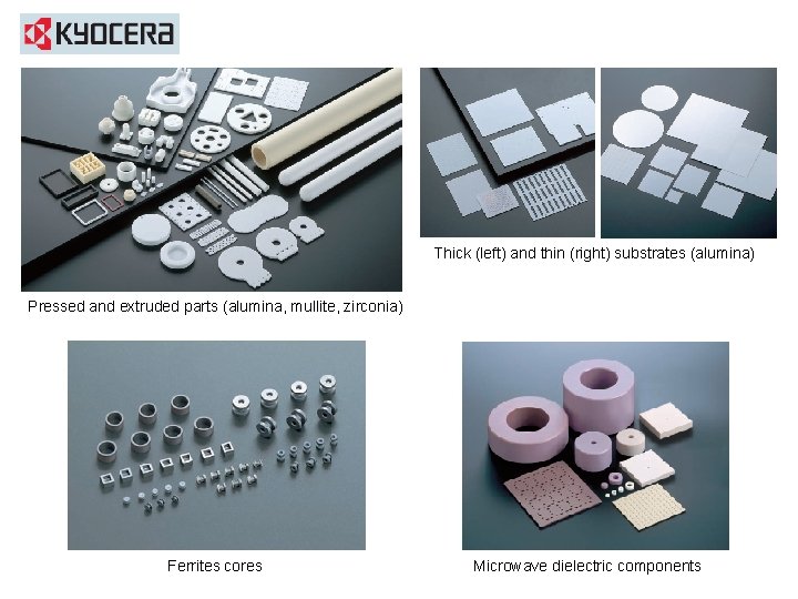 Thick (left) and thin (right) substrates (alumina) Pressed and extruded parts (alumina, mullite, zirconia)