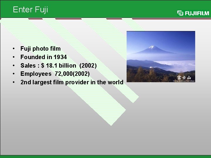 Enter Fuji • • • Fuji photo film Founded in 1934 Sales : $