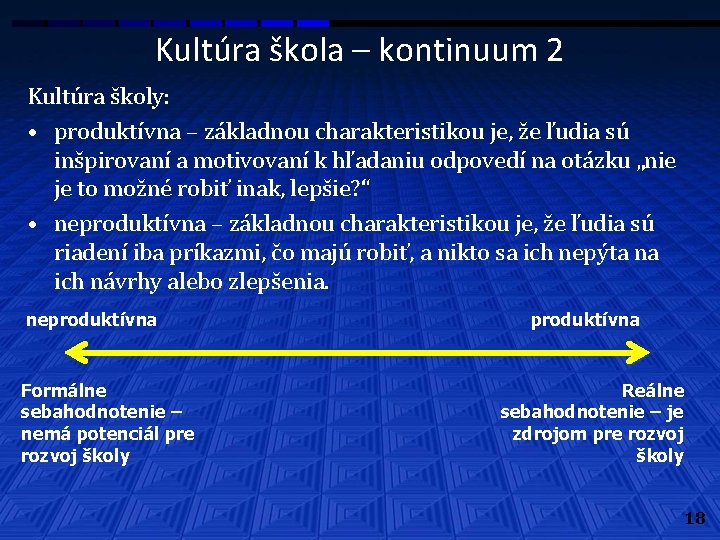 Kultúra škola – kontinuum 2 Kultúra školy: • produktívna – základnou charakteristikou je, že