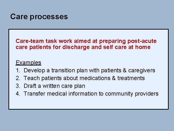 Care processes Care-team task work aimed at preparing post-acute care patients for discharge and