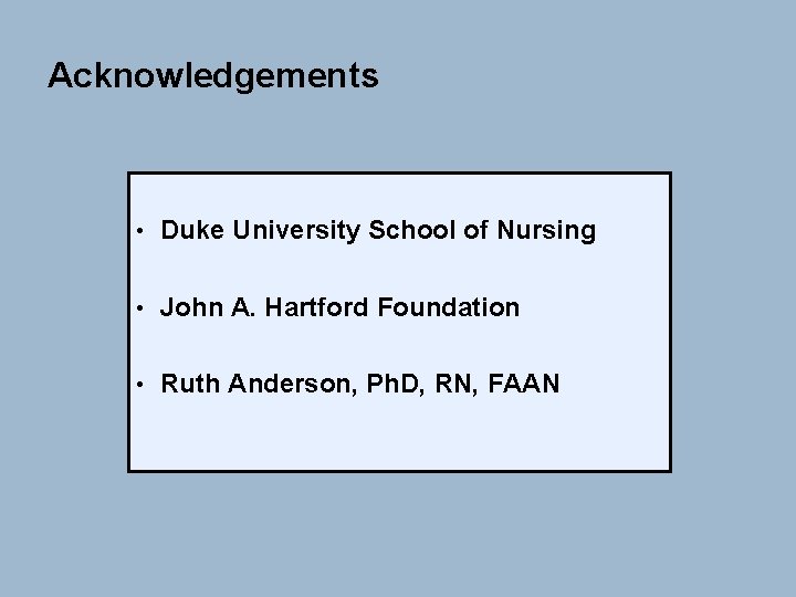 Acknowledgements • Duke University School of Nursing • John A. Hartford Foundation • Ruth Acknowledgements • Duke University School of Nursing • John A. Hartford Foundation • Ruth