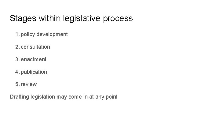 Stages within legislative process 1. policy development 2. consultation 3. enactment 4. publication 5.