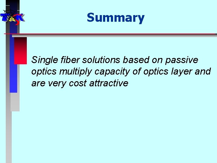 Summary Single fiber solutions based on passive optics multiply capacity of optics layer and