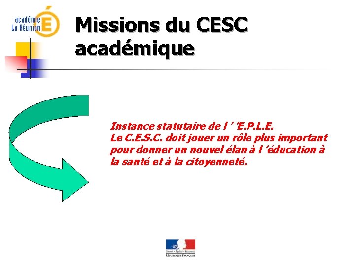 Missions du CESC académique Instance statutaire de l ’ ’E. P. L. E. Le