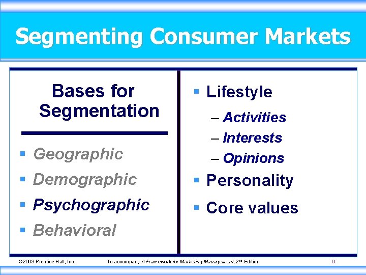 Segmenting Consumer Markets Bases for Segmentation § Geographic § Lifestyle – Activities – Interests