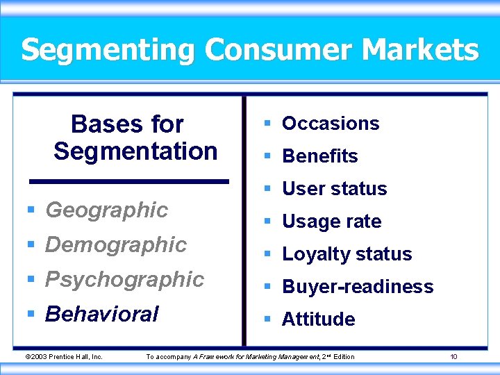 Segmenting Consumer Markets Bases for Segmentation § Geographic § Demographic § Occasions § Benefits