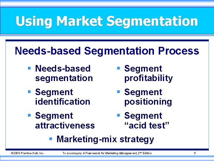 Using Market Segmentation Needs-based Segmentation Process § Needs-based segmentation § Segment profitability § Segment