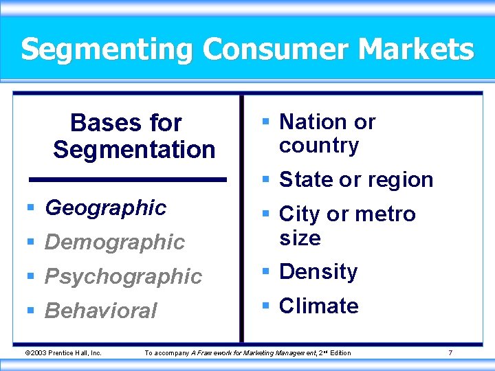 Segmenting Consumer Markets Bases for Segmentation § Nation or country § State or region