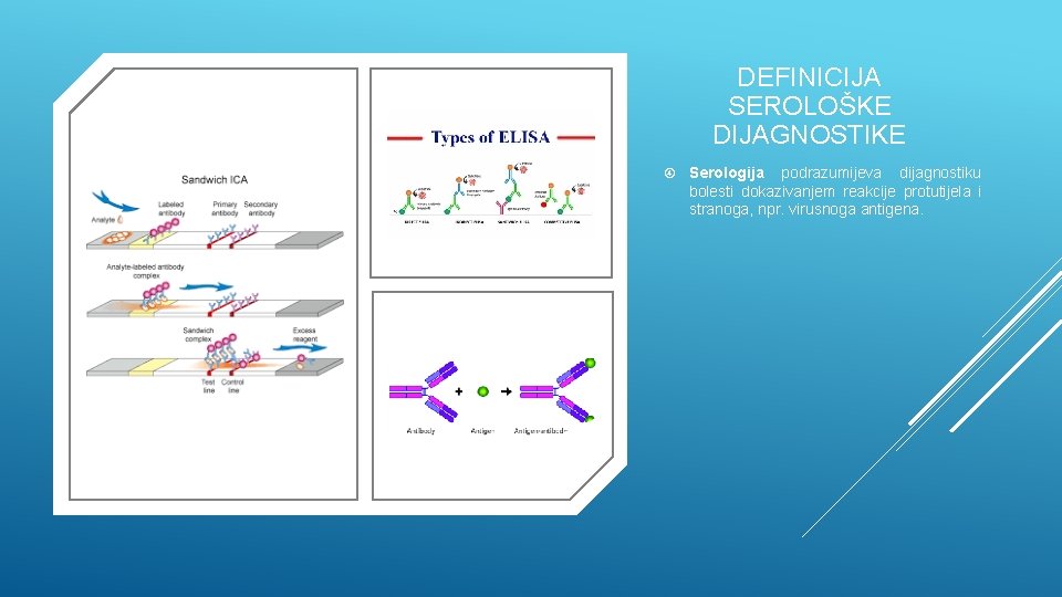 DEFINICIJA SEROLOŠKE DIJAGNOSTIKE Serologija podrazumijeva dijagnostiku bolesti dokazivanjem reakcije protutijela i stranoga, npr. virusnoga