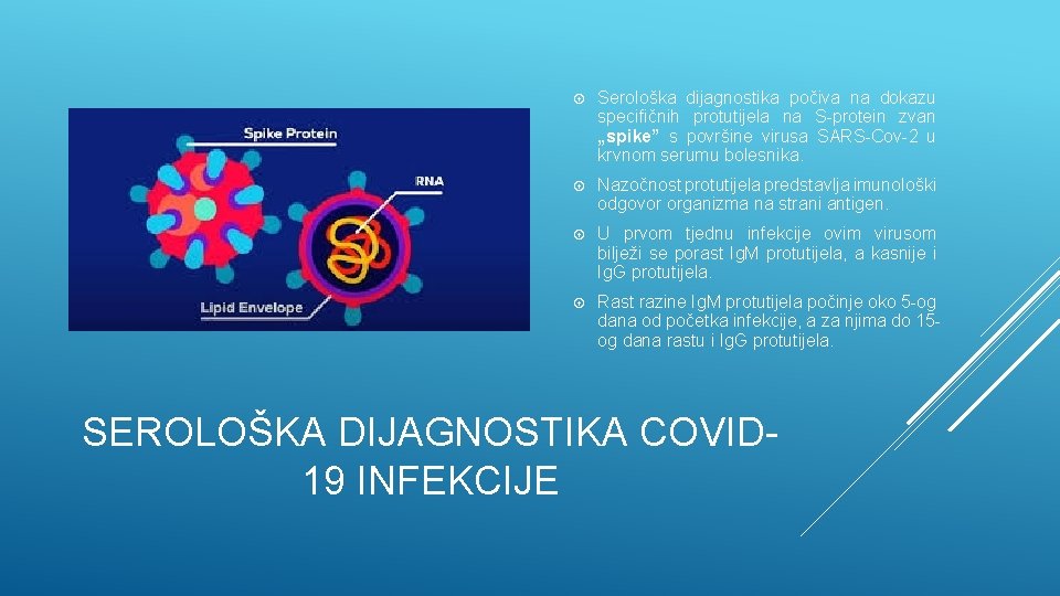 Serološka dijagnostika počiva na dokazu specifičnih protutijela na S-protein zvan „spike” s površine Serološka dijagnostika počiva na dokazu specifičnih protutijela na S-protein zvan „spike” s površine