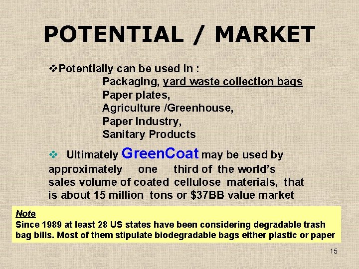 POTENTIAL / MARKET v. Potentially can be used in : Packaging, yard waste collection