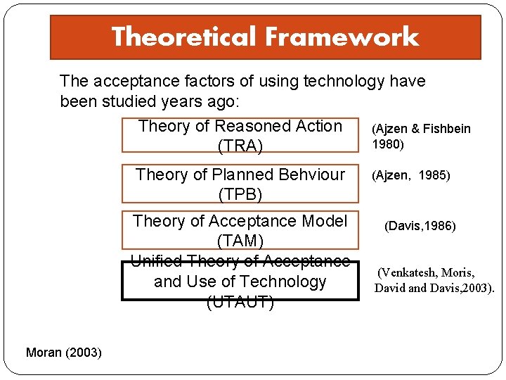 Theoretical Framework The acceptance factors of using technology have been studied years ago: Theory