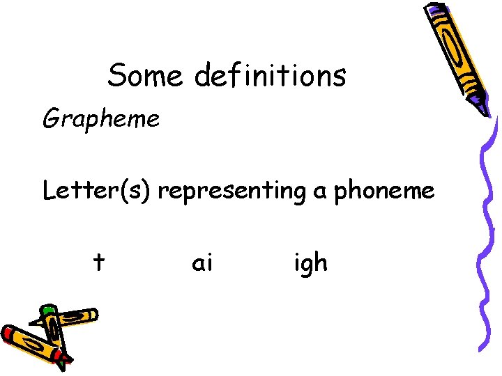 Some definitions Grapheme Letter(s) representing a phoneme t ai igh 