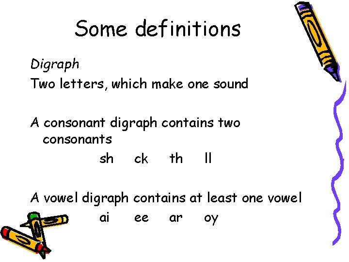 Some definitions Digraph Two letters, which make one sound A consonant digraph contains two