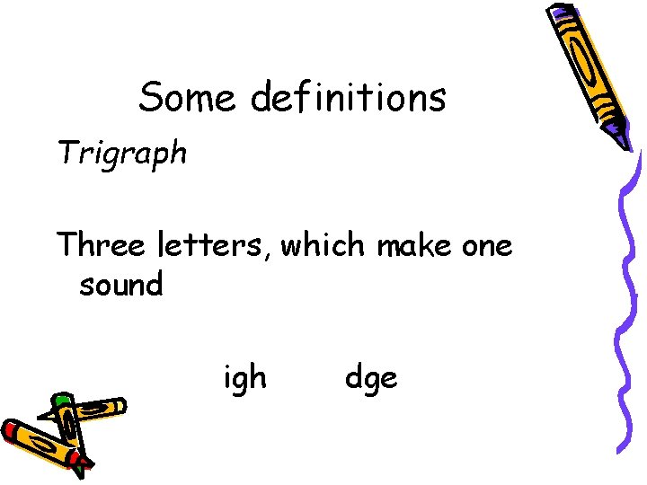 Some definitions Trigraph Three letters, which make one sound igh dge 