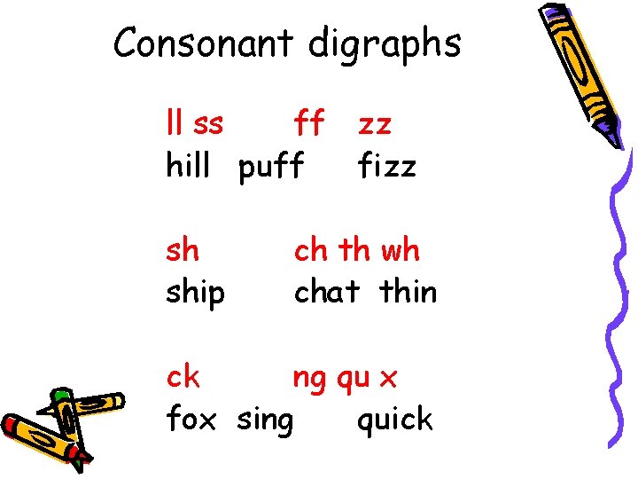 Consonant digraphs ll ss ff zz hill puff fizz sh ship ch th wh