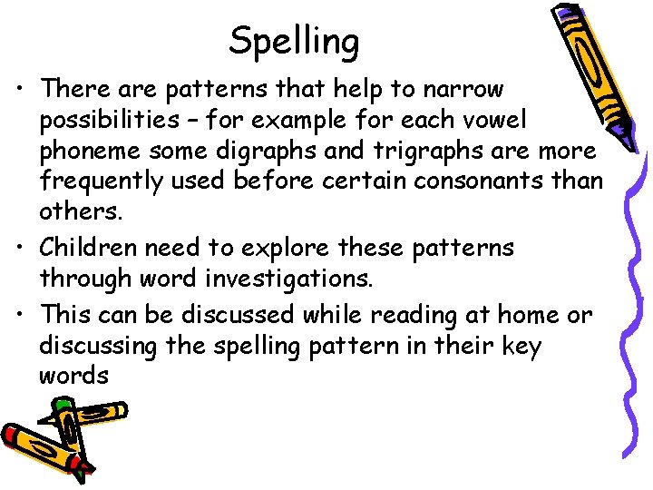 Spelling • There are patterns that help to narrow possibilities – for example for