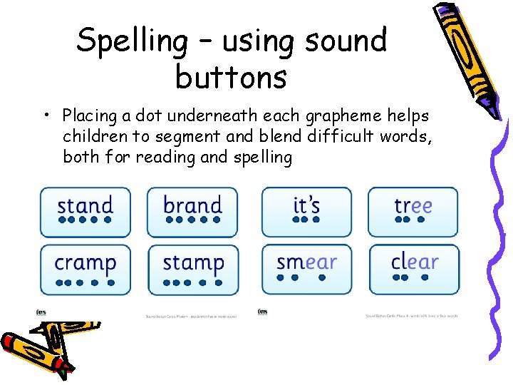 Spelling – using sound buttons • Placing a dot underneath each grapheme helps children