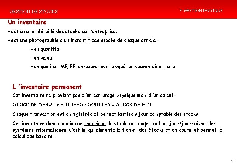 GESTION DE STOCKS Sance 8 La Gestion des