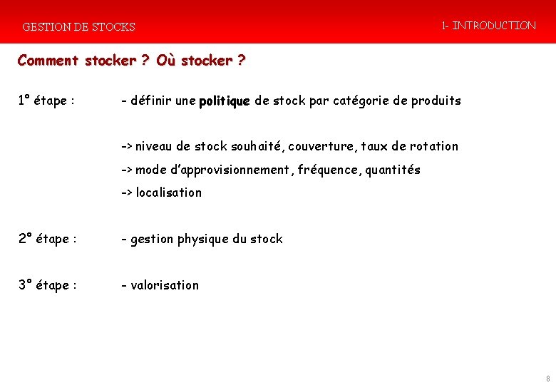 GESTION DE STOCKS 1 - INTRODUCTION Comment stocker ? Où stocker ? 1° étape GESTION DE STOCKS 1 - INTRODUCTION Comment stocker ? Où stocker ? 1° étape