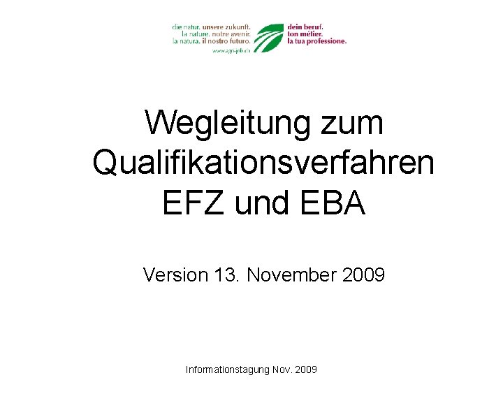 Wegleitung zum Qualifikationsverfahren EFZ und EBA Version 13. November 2009 Informationstagung Nov. 2009 
