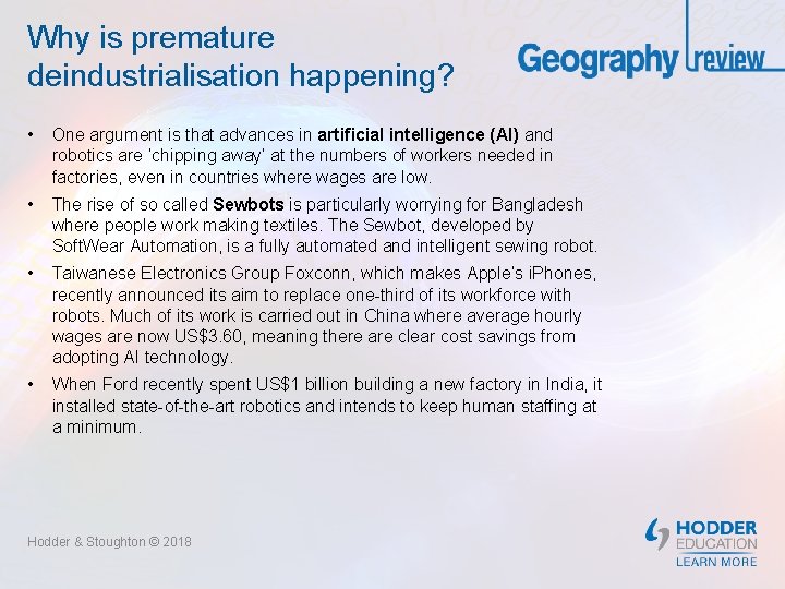 Why is premature deindustrialisation happening? • One argument is that advances in artificial intelligence