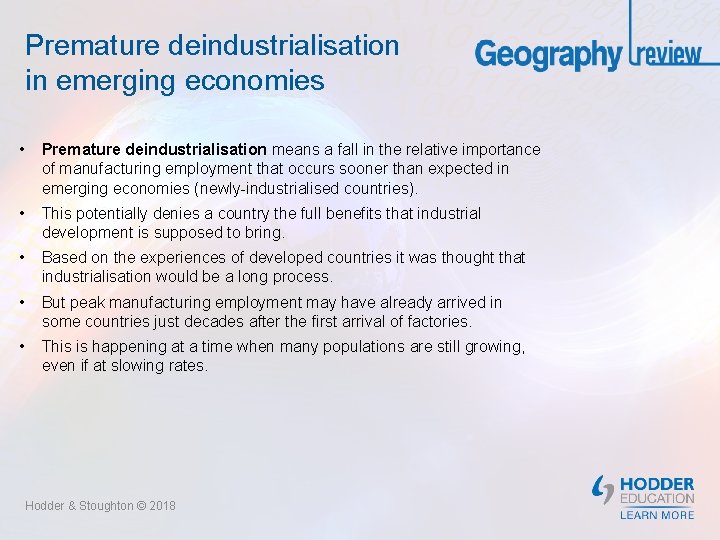 Premature deindustrialisation in emerging economies • Premature deindustrialisation means a fall in the relative