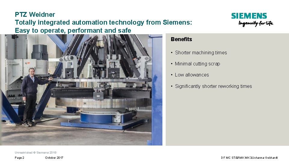 PTZ Weidner Totally integrated automation technology from Siemens: Easy to operate, performant and safe