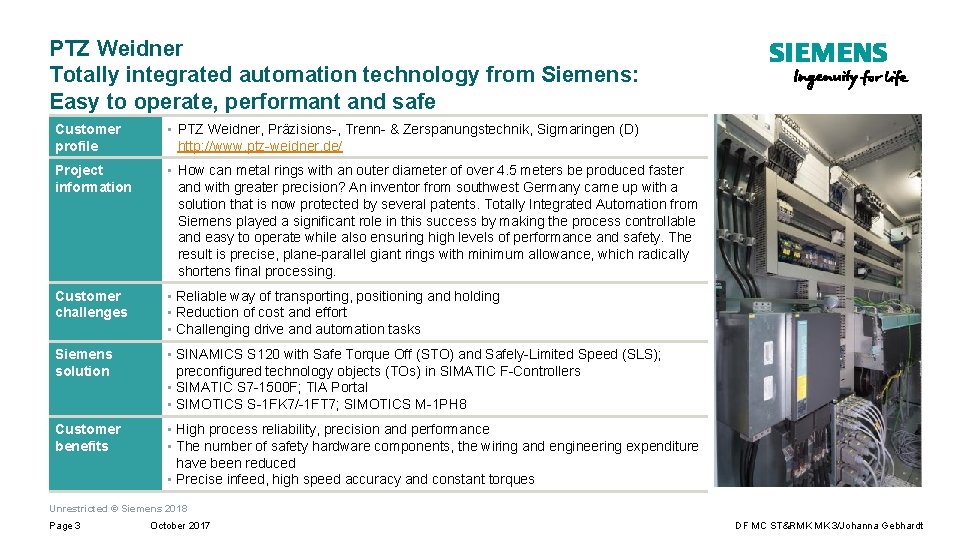 PTZ Weidner Totally integrated automation technology from Siemens: Easy to operate, performant and safe