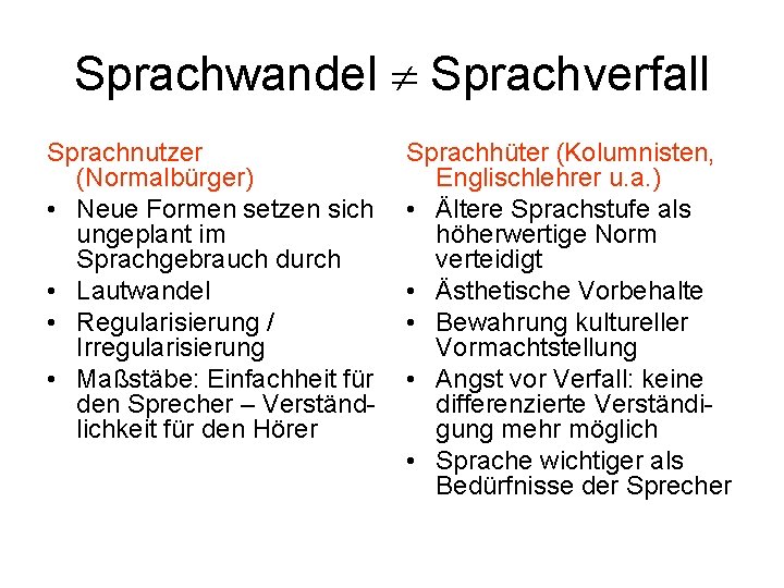 Sprachwandel Sprachverfall Sprachnutzer (Normalbürger) • Neue Formen setzen sich ungeplant im Sprachgebrauch durch •