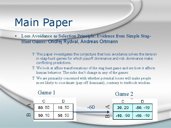 Main Paper • Loss Avoidance as Selection Principle: Evidence from Simple Stag. Hunt Games: Main Paper • Loss Avoidance as Selection Principle: Evidence from Simple Stag. Hunt Games: