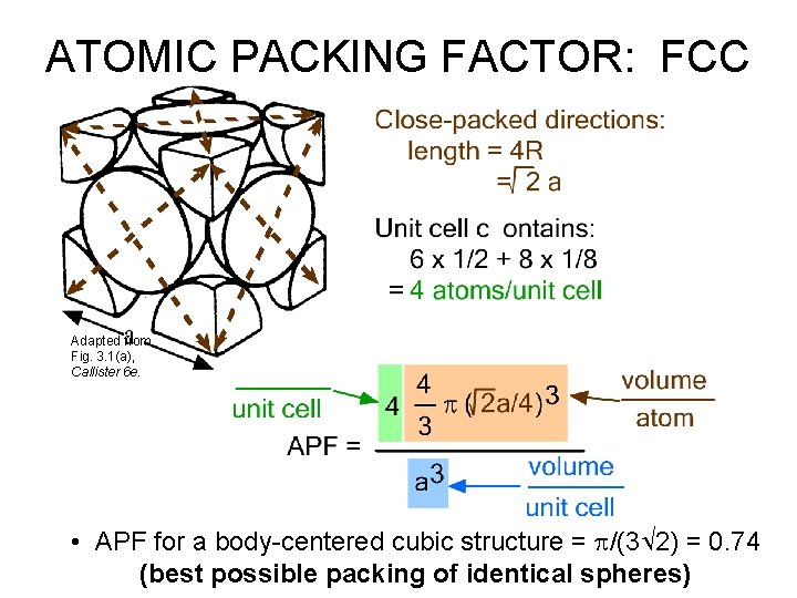 ATOMIC PACKING FACTOR: FCC Adapted from Fig. 3. 1(a), Callister 6 e. • APF ATOMIC PACKING FACTOR: FCC Adapted from Fig. 3. 1(a), Callister 6 e. • APF