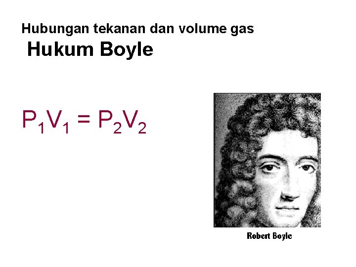 Hubungan tekanan dan volume gas Hukum Boyle P 1 V 1 = P 2 Hubungan tekanan dan volume gas Hukum Boyle P 1 V 1 = P 2