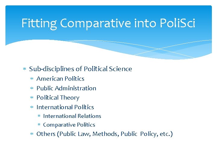 Fitting Comparative into Poli. Sci Sub-disciplines of Political Science American Politics Public Administration Political