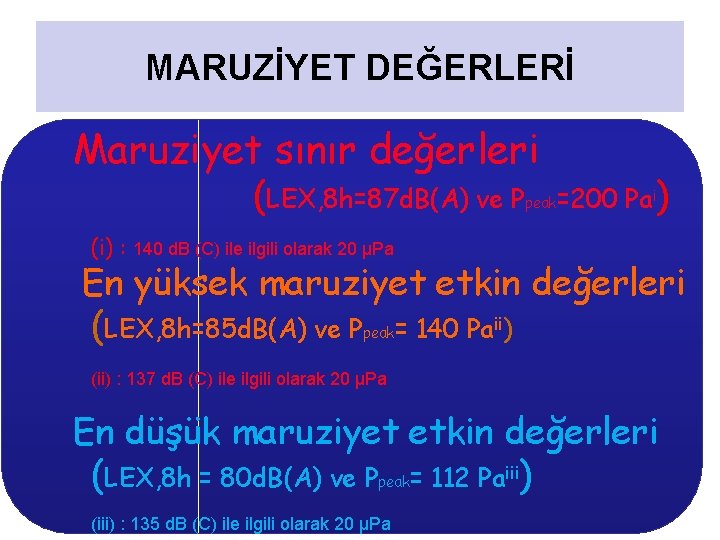 MARUZİYET DEĞERLERİ Maruziyet sınır değerleri (LEX, 8 h=87 d. B(A) ve Ppeak=200 Pai) (i)