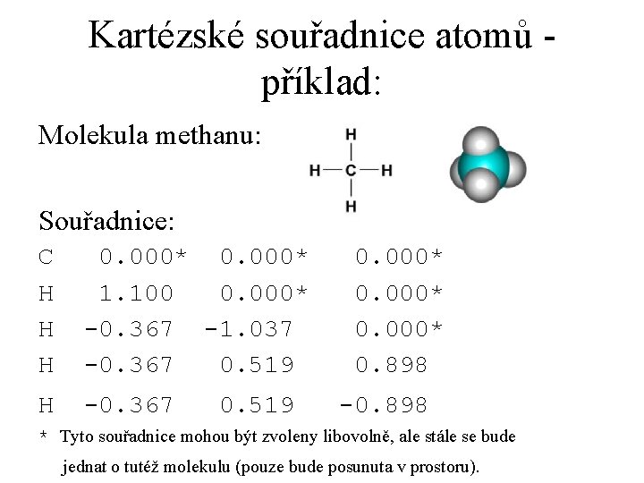 Kartézské souřadnice atomů příklad: Molekula methanu: Souřadnice: C H H H 0. 000* 1.