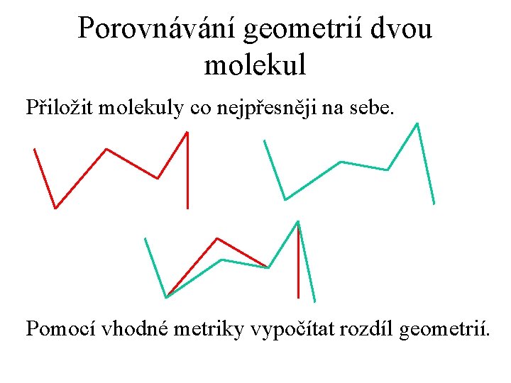 Porovnávání geometrií dvou molekul Přiložit molekuly co nejpřesněji na sebe. Pomocí vhodné metriky vypočítat