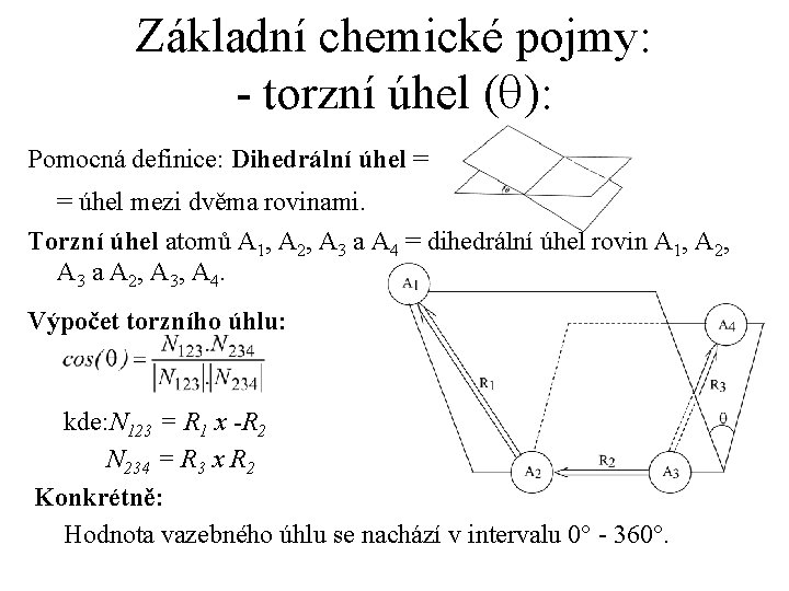 Základní chemické pojmy: - torzní úhel (q): Pomocná definice: Dihedrální úhel = = úhel