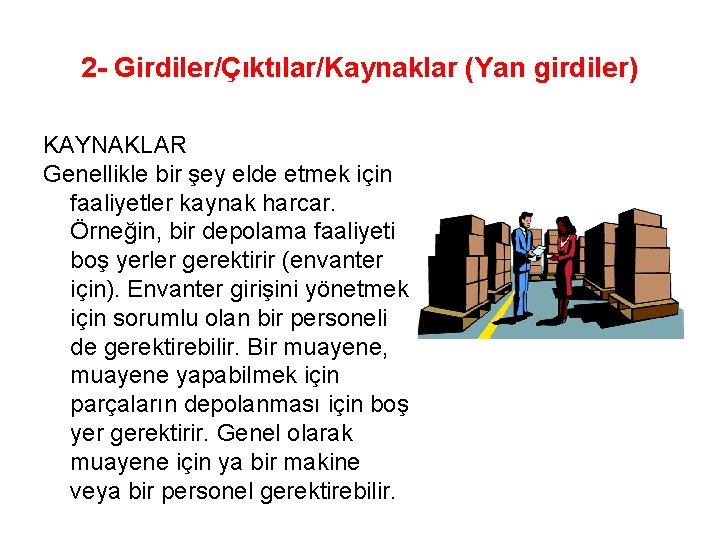 2 - Girdiler/Çıktılar/Kaynaklar (Yan girdiler) KAYNAKLAR Genellikle bir şey elde etmek için faaliyetler kaynak