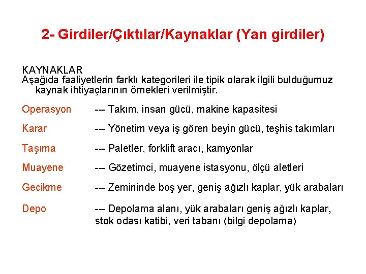 2 - Girdiler/Çıktılar/Kaynaklar (Yan girdiler) KAYNAKLAR Aşağıda faaliyetlerin farklı kategorileri ile tipik olarak ilgili