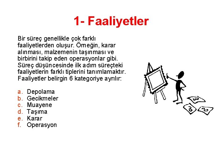 1 - Faaliyetler Bir süreç genellikle çok farklı faaliyetlerden oluşur. Örneğin, karar alınması, malzemenin