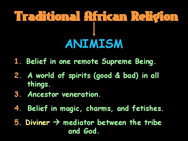 Traditional African Religion ANIMISM 1. Belief in one remote Supreme Being. 2. A world