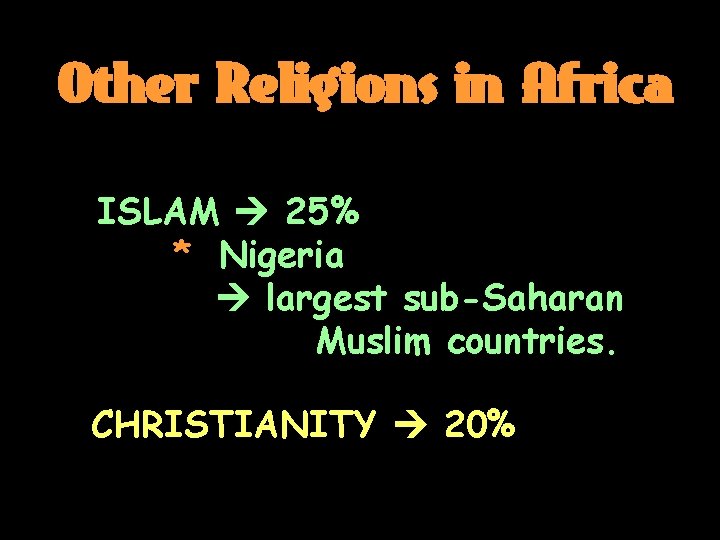 Other Religions in Africa ISLAM 25% * Nigeria largest sub-Saharan Muslim countries. CHRISTIANITY 20%