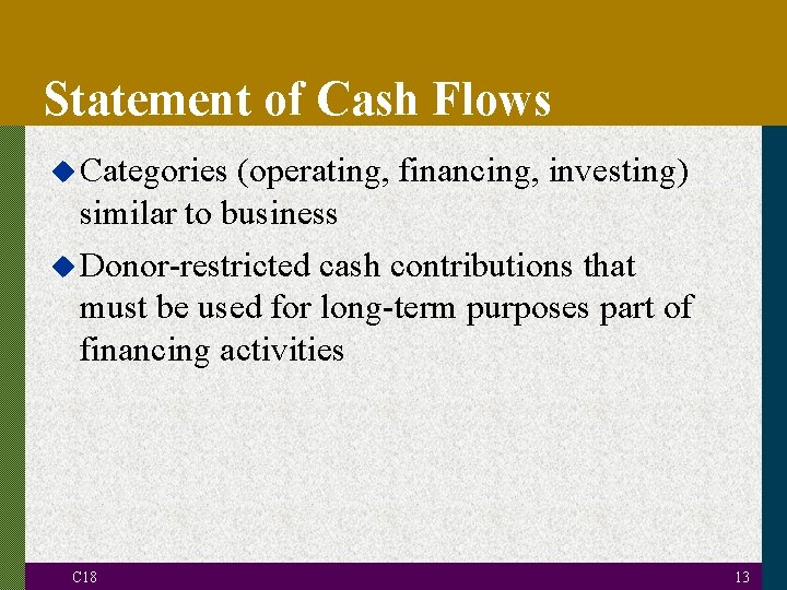 Statement of Cash Flows u Categories (operating, financing, investing) similar to business u Donor-restricted