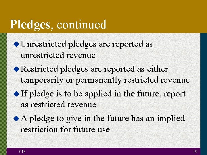 Pledges, continued u Unrestricted pledges are reported as unrestricted revenue u Restricted pledges are