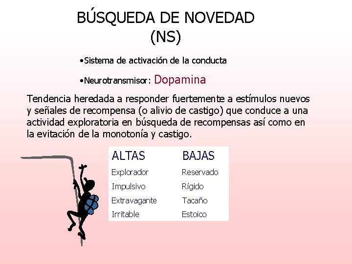 BÚSQUEDA DE NOVEDAD (NS) • Sistema de activación de la conducta • Neurotransmisor: Dopamina