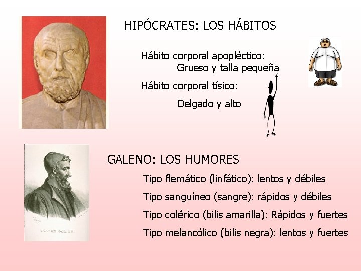 HIPÓCRATES: LOS HÁBITOS Hábito corporal apopléctico: Grueso y talla pequeña Hábito corporal tísico: Delgado